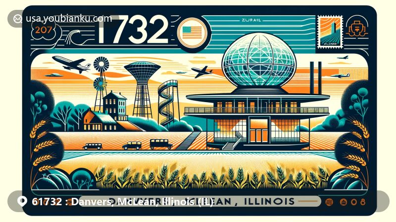 Modern illustration of Danvers, McLean, Illinois, showcasing serene park, Futuro House, and agricultural heritage in vibrant postcard style. Includes '61732,' stamp, postmark, US and Illinois symbols.