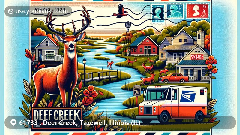 Modern illustration of Deer Creek, Illinois, capturing the scenic beauty with creeks and red deer, embodying the village's small community essence. Includes artistic postal elements like postcard, stamps, postal vehicle, and ZIP Code 61733, in a contemporary illustrative style.