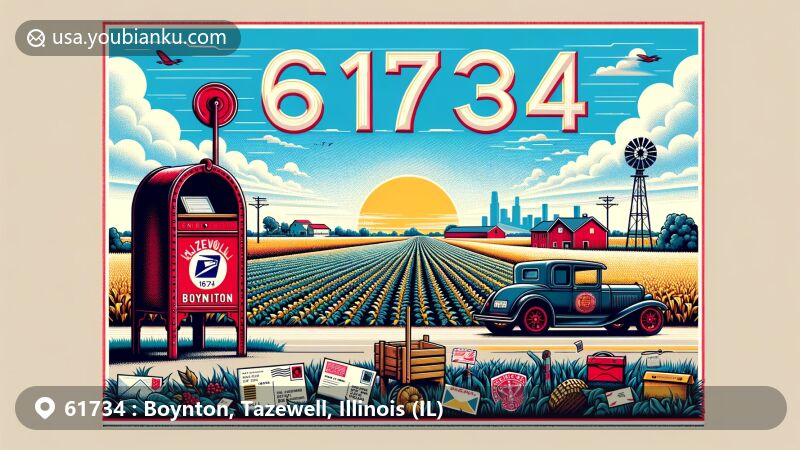 Modern illustration of Boynton, Tazewell County, Illinois, showcasing rural charm and agricultural landscape with the zipcode 61734, featuring classic red mailbox, antique postal truck, and local postal elements.