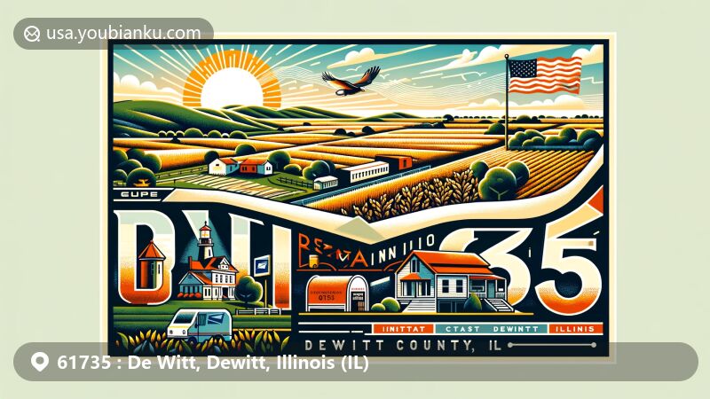 Modern illustration of De Witt area, Dewitt County, Illinois, highlighting rural charm and central Illinois landscape with state flag integration.