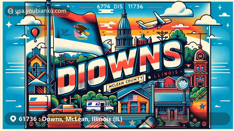 Modern illustration of Downs, McLean County, Illinois, showcasing postal theme with ZIP code 61736, featuring vibrant postcard design and Illinois state symbols.
