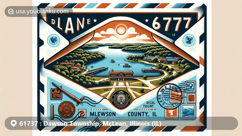 Modern illustration of Dawson Township, McLean County, Illinois, showcasing aerial view of Dawson Lake with vintage airmail envelope integrating postal service symbols, highlighting ZIP code 61737.