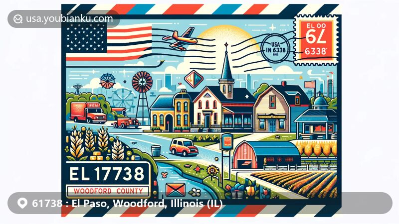4更现代的插图，展示了伊利诺伊州伍德福德县埃尔帕索（El Paso）邮政编码61738的邮政主题，融入伊利诺伊州的标志性符号，如州旗，展示了体现Woodford County农村特色的农业元素。设计采用了空运信封的形式，包括邮政元素如邮票和邮戳，邮戳上写着“El Paso, IL 61738”。插图捕捉了伊利诺伊州中心一个充满活力且友好的社区的本质，向其邮政遗产致敬，采用了适合网页的现代插图风格，色彩鲜明，画面引人入胜。
