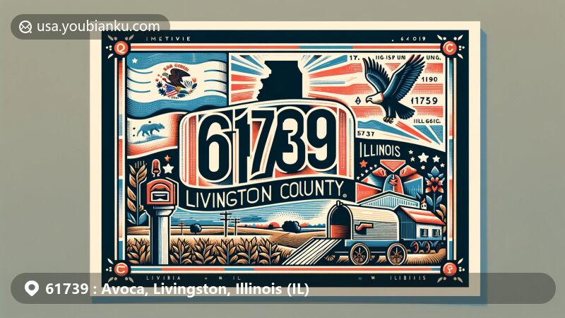 Modern illustration of Avoca, Livingston County, Illinois, showcasing postal theme with ZIP code 61739, featuring Illinois state flag, Livingston County outline, and rural agriculture elements.