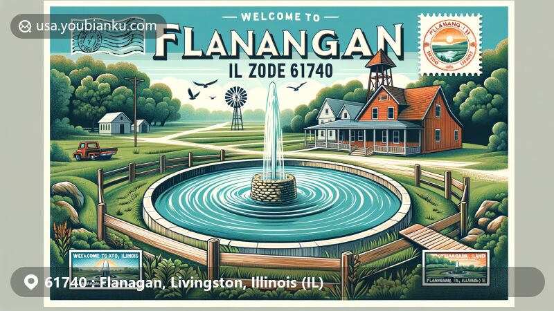 Creative postcard design of Flanagan, Livingston County, Illinois, with ZIP code 61740, highlighting Artesian Park and pastoral American landscape.