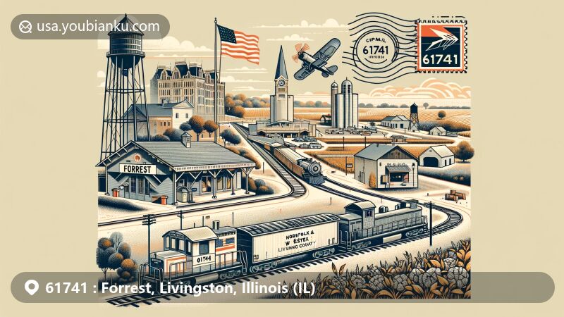 Modern illustration of Forrest village, Livingston County, Illinois, blending railway heritage, historical buildings, natural landscapes, and postal elements, emphasizing the Wabash Railroad history, including vintage station, turntable, Norfolk & Western Railroad caboose, grain elevator, post office, and airmail envelope with ZIP code 61741, showcasing Illinois and Livingston County symbols.