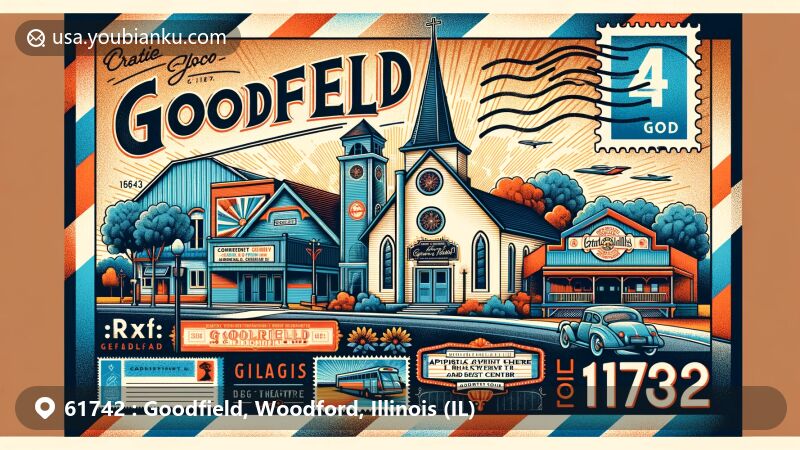 Modern illustration of Goodfield, Illinois, featuring ZIP code 61742, showcasing key landmarks like the Goodfield Apostolic Christian Church and The Barn III Dinner Theatre and Event Center, incorporating postcard theme and Illinois state symbols.