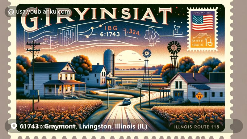 Modern illustration of Graymont, Livingston County, Illinois, showcasing postal theme with ZIP code 61743, featuring rural landscapes and agriculture, highlighting the Farmers Elevator Company and the State Bank of Graymont.