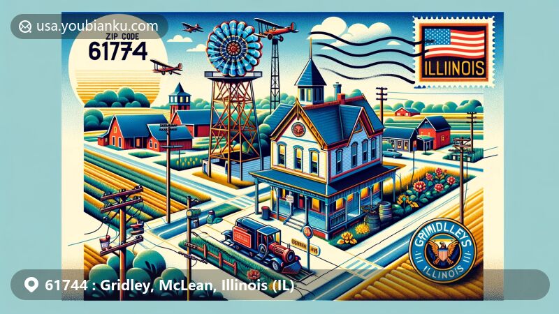 Modern illustration of Gridley, Illinois, showcasing postal theme with ZIP code 61744, featuring Gridley Telephone Museum and rural Illinois landscape.