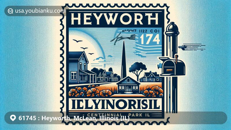 Creative postcard-style illustration of Heyworth, Illinois, showcasing Centennial Park and McLean County icon with ZIP code 61745, featuring a postage stamp design and classic mailbox.