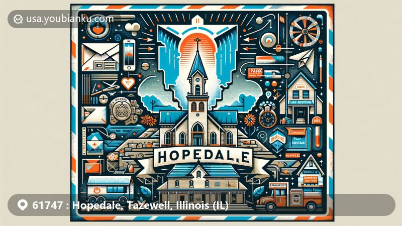 Modern illustration of Hopedale, Tazewell County, Illinois, showcasing postal theme with ZIP code 61747, featuring Hopedale Mennonite Church and village landmarks.