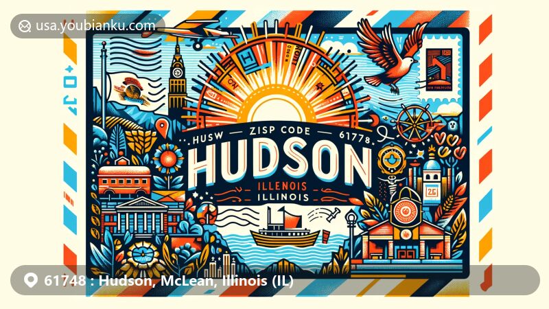 Modern illustration of Hudson, McLean County, Illinois, showcasing postal theme with ZIP code 61748, featuring local landmarks and Illinois state symbols.