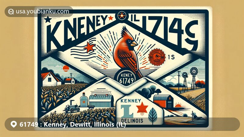 Modern illustration of Kenney, Illinois, focusing on ZIP code 61749, depicting small town charm, rural landscapes, and Kenney Fall Festival celebration. Includes a stylized map of Illinois with Kenney marked in DeWitt County, a postage stamp featuring the state bird, and prominent 'Kenney, IL 61749' text.