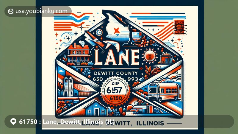 Vivid illustration of Lane, Dewitt County, Illinois, celebrating ZIP code 61750 with air mail envelope motif, integrated elements of Illinois, DeWitt County map, and local emblem, complemented by postage stamp and postmark details.