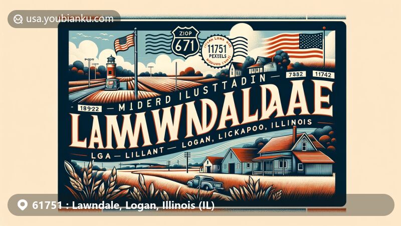 Modern illustration of Lawndale, Logan County, Illinois, capturing its location on Interstate 55 and Route 66, between Atlanta and Lincoln, near Kickapoo Creek, with vintage postal elements and Illinois state flag in a wide format.