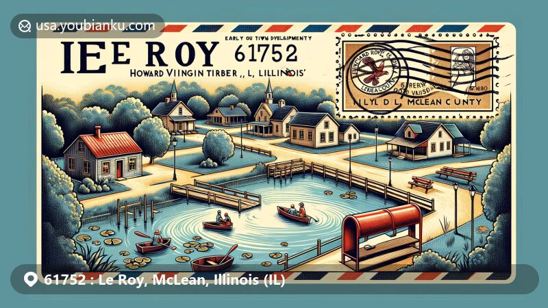 Modern illustration of Le Roy, McLean County, Illinois, celebrating ZIP code 61752, featuring Howard Virgin Timber Park with pavilions, picnic areas, fishing pond, and historic town development.