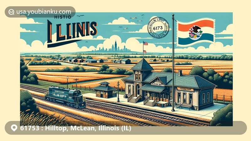 Modern illustration of McLean Depot Train Shop in Hilltop, McLean County, Illinois, with vintage postcard design featuring Illinois countryside and state flag.