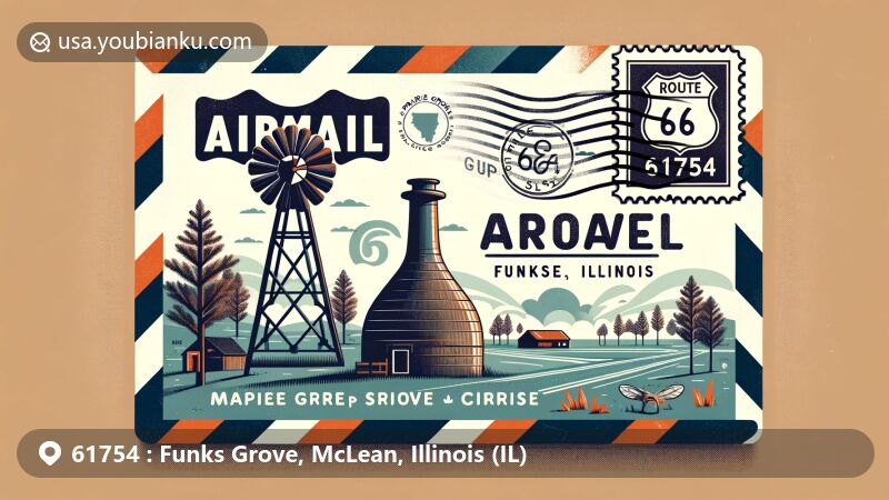 Innovative illustration of Funks Grove, McLean County, Illinois, themed around airmail envelope with ZIP code 61754, featuring National Natural Landmark prairie grove landscape. Includes maple syrup production and Route 66 nod.