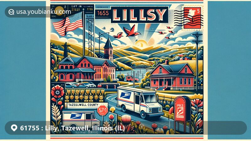 Modern illustration of Lilly, Tazewell County, Illinois, showcasing postal theme with ZIP code 61755, featuring rural and small-town America elements and Midwest cultural landmarks.