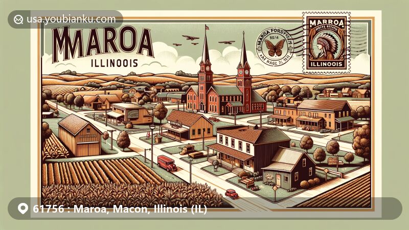 Modern illustration of Maroa, Macon, Illinois, featuring local farmland, historic homes, Maroa-Forsyth High School, and Spencer Park, capturing the friendly atmosphere and historical richness of the town.