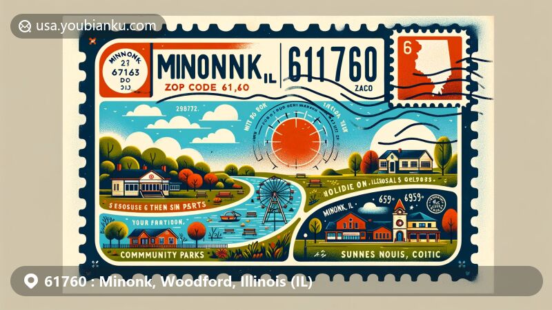 Modern illustration of Minonk, Illinois, ZIP code 61760, embodying community parks and seasonal changes in a vibrant postcard style.