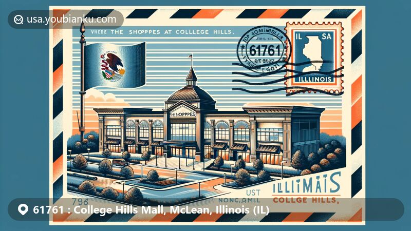 Modern illustration of the Shoppes at College Hills in Normal, Illinois, with vintage air mail envelope, Illinois state flag postage stamp, and ZIP code 61761.