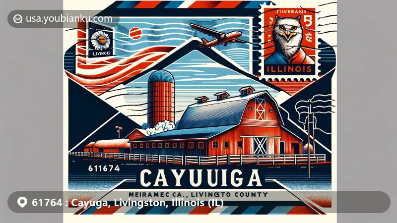 Modern illustration of Cayuga area, blending agricultural heritage and historic landmarks like Meramec Caverns Barn, with symbols of Illinois, featuring state flag and '61764' ZIP Code.
