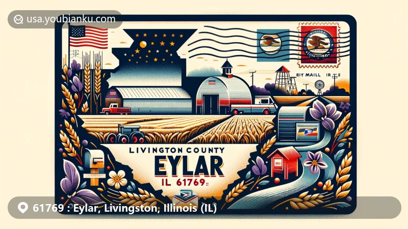 Modern illustration of Eylar, Livingston County, Illinois, featuring postal theme with Illinois state symbols and agricultural motifs, showcasing the location with Eylar, IL 61769 ZIP code.