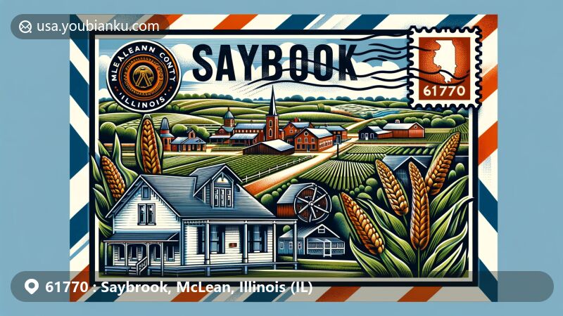 Modern illustration of Saybrook, McLean County, Illinois, with postal theme showcasing ZIP code 61770 and Illinois landscapes.