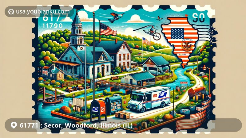 Modern illustration of Secor, Woodford County, Illinois, showcasing postal theme with ZIP code 61771, featuring village post office, Illinois outline, Woodford County shape, and American flag.