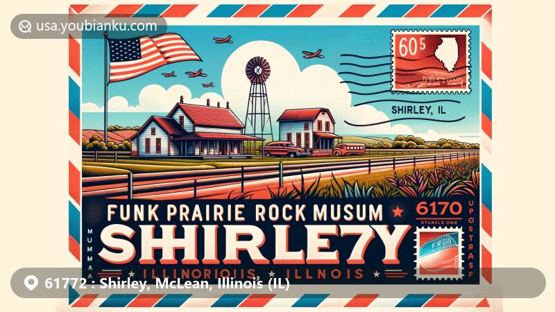 Modern illustration of Funk Prairie Home & Rock Museum in Shirley, Illinois, featuring typical American rural scenery with Illinois state flag symbols.