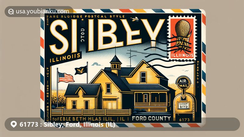 Modern illustration of Sibley, Illinois, Ford County, featuring vintage postcard design with air mail envelope theme, postal stamp, postmark 'Sibley, IL 61773,' and old-fashioned mailbox. Depicts yellow house, red barn, Illinois state flag, Ford County outline, commemorating Hiram Sibley and the former largest corn crib. Contemporary art style highlighting Sibley's cultural and postal heritage.