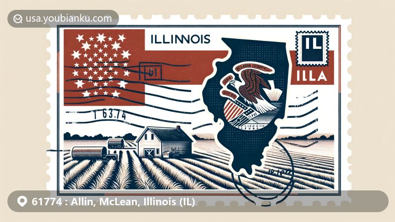 Modern illustration of Allin, McLean, Illinois (IL), with ZIP code 61774, showcasing Illinois state flag, McLean County outline, and rural landscape, emphasizing the rural beauty of the area.