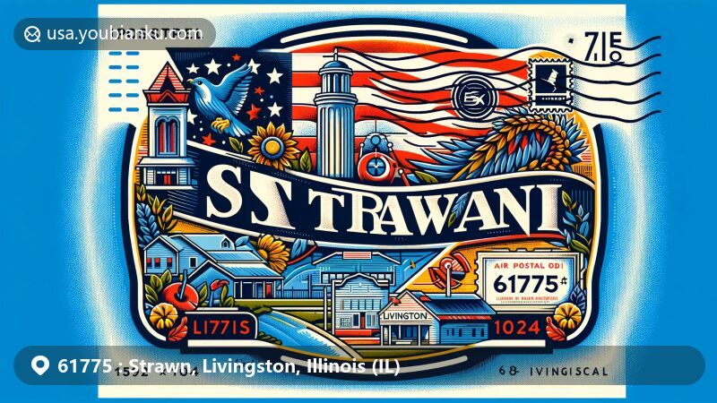 Modern illustration of Strawn, Livingston County, Illinois, capturing postal theme with ZIP code 61775, featuring Illinois state flag, county map outline, and local landmarks, creatively incorporating postal elements like postage stamp and postmark.