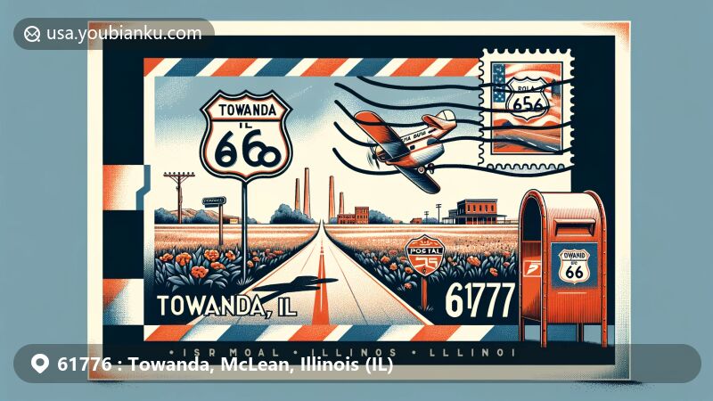 Modern illustration of Towanda, Illinois, showcasing postal theme with ZIP code 61776, featuring U.S. Route 66 walking trail and Illinois state flag.