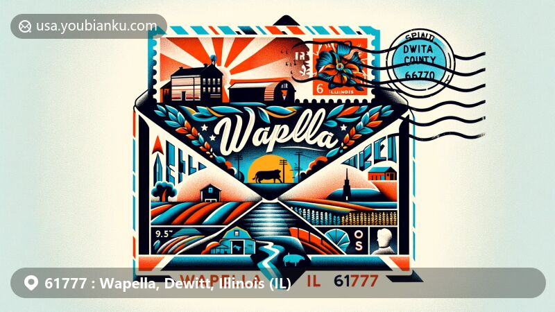 Creative illustration of Wapella, Illinois, featuring postal theme with ZIP code 61777, showcasing Illinois state flag, Dewitt County silhouette, rural landscapes, agriculture, and Irish cultural symbol.
