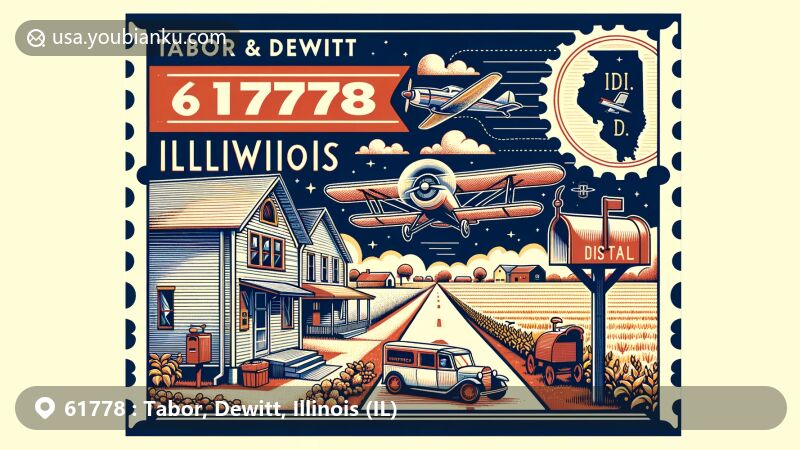 Modern illustration of Tabor and DeWitt, Illinois, showcasing rural and agricultural essence with aviation-themed postal features, including Illinois outline stamp and postmark, capturing the region's character.