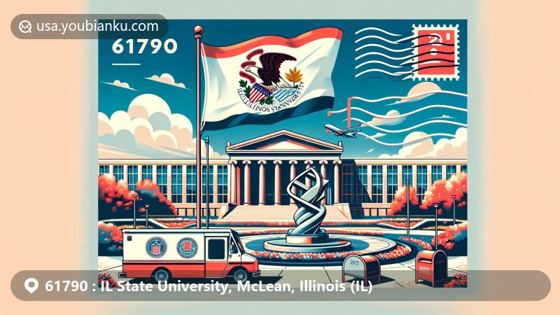 Modern illustration of Illinois State University, showcasing iconic building with Illinois state flag in the background, designed as a postcard with postmark, ZIP Code 61790, mailbox, and mail truck.