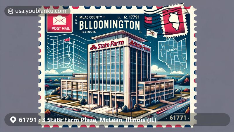 Modern illustration of State Farm Headquarters building in Bloomington, Illinois, with McLean County outline and Illinois state flag, featuring inventive postal elements and ZIP Code 61791.