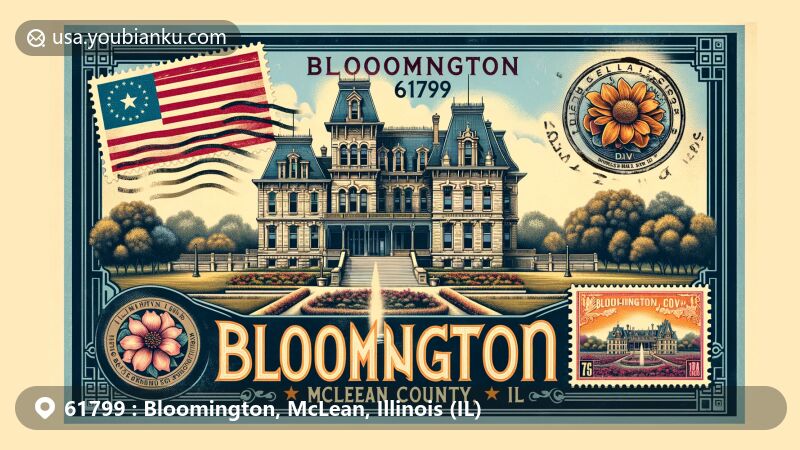 Modern illustration of Bloomington, McLean County, Illinois, showcasing the David Davis Mansion in Italianate architectural style, postal themed elements, vintage postcard border, antique postal stamp, postmark with ZIP code 61799, and Illinois state flag background.