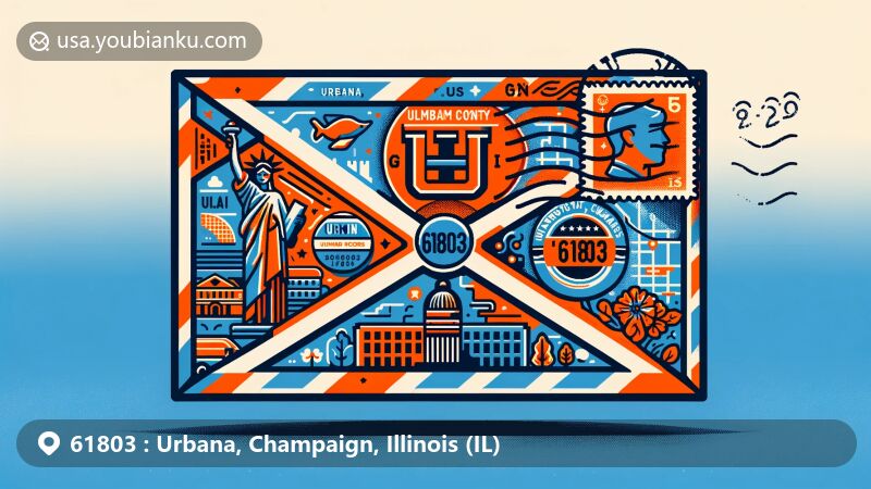 Modern illustration of Urbana, Champaign County, Illinois, highlighting postal theme with ZIP code 61803, featuring University of Illinois symbols and Alma Mater statue.