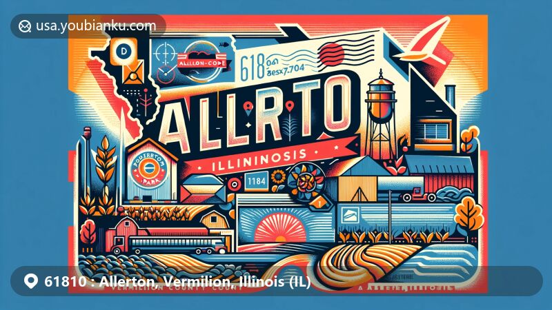 Modern illustration of Allerton, Illinois, showcasing Vermilion County outline, local agriculture, Robert Allerton Park, and postal theme with vintage airmail envelope, highlighting ZIP code 61810.