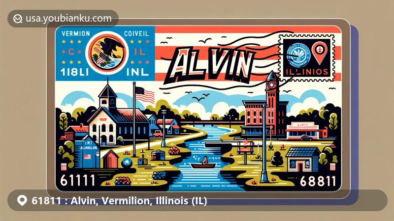 Modern illustration of Alvin, Illinois, showcasing postal theme with ZIP code 61811, featuring North Fork of the Vermilion River and Illinois state flag.