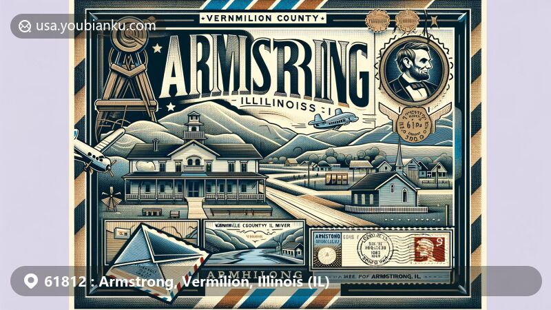 Modern illustration of Armstrong area, Vermilion County, Illinois, portraying historical connections with Abraham Lincoln and the Vermilion County Museum, alongside the Middle Fork of the Vermilion River, featuring a vintage air mail envelope with postal marks, ZIP code '61812', and Armstrong postmark.