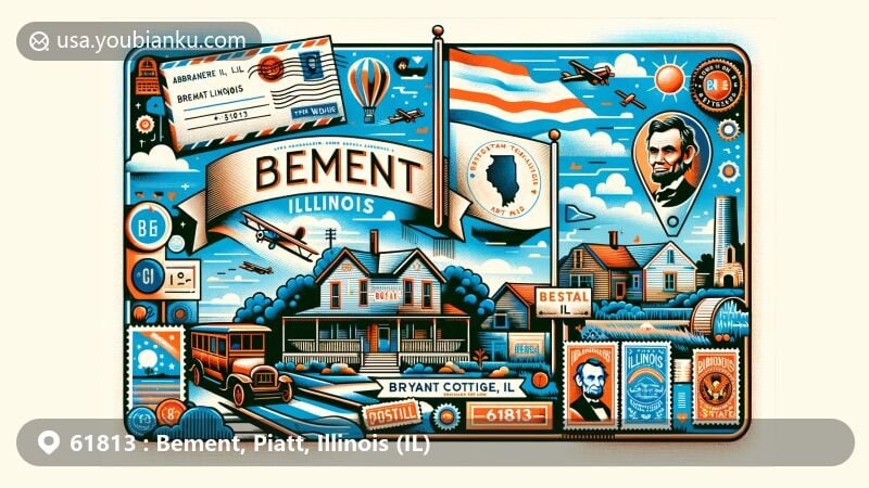 Modern illustration of Bement, Illinois, showcasing postal theme with ZIP code 61813, featuring Bryant Cottage and symbols of Abraham Lincoln's political legacy.