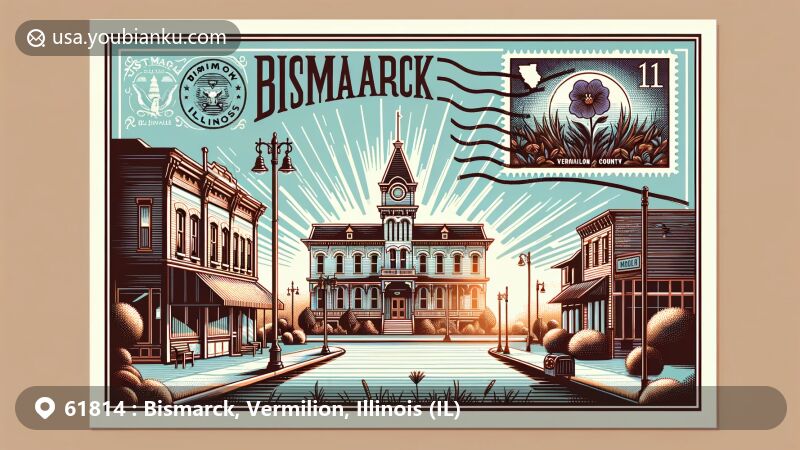 Modern illustrative depiction of Bismarck area in Vermilion County, Illinois, capturing the small-town charm with postal elements and symbolic representation including ZIP code 61814, Illinois silhouette, and Vermilion County emblem.