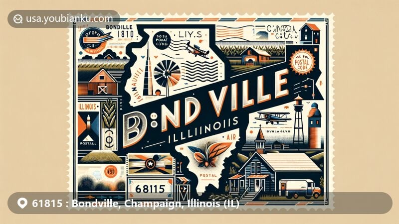 Modern illustration of Bondville, Champaign County, Illinois, featuring postal theme with ZIP code 61815, highlighting local charm and rural beauty.