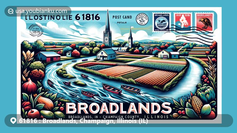 Modern illustration of Broadlands, Illinois, highlighting local charm with Embarras River, agriculture, and community spirit, incorporating postcard format, stamps, and postal marks with visible '61816' and 'Broadlands, IL', featuring Illinois state symbols.