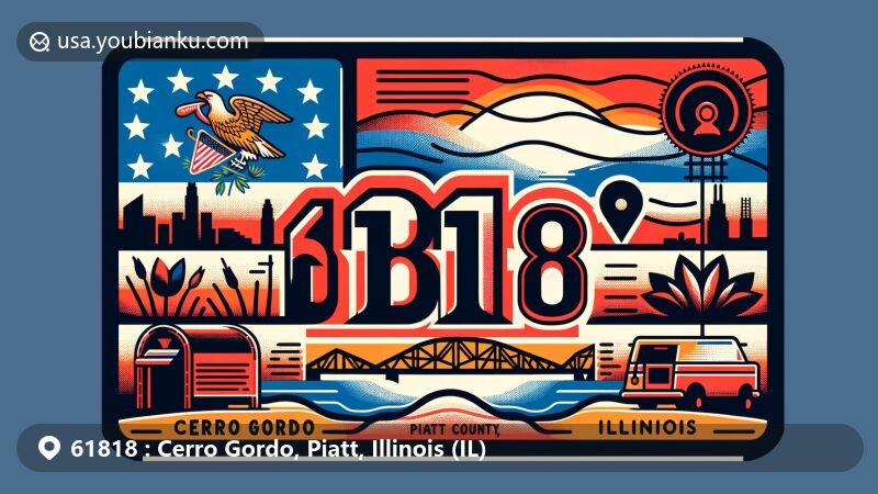Modern illustration of Cerro Gordo, Piatt County, Illinois, with ZIP code 61818, featuring state flag and local symbols, in postcard style.