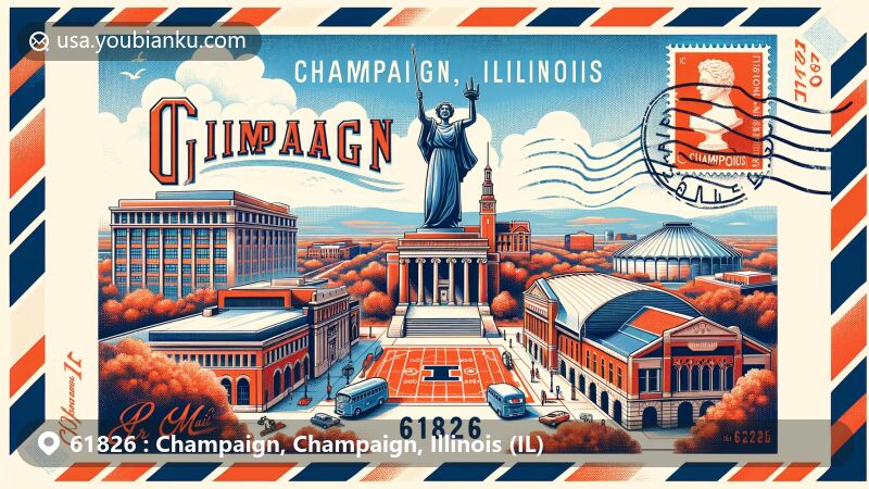Modern illustration of ZIP Code 61826 in Champaign, Illinois, featuring Alma Mater statue, Memorial Stadium, State Farm Center, Cattle Bank, Lincoln Building, and Orpheum Theater, in a postcard-inspired design with postal motifs.